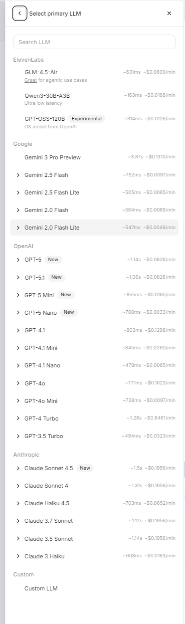ElevenLabs Agents Platform 支持的 LLM 模型选择界面